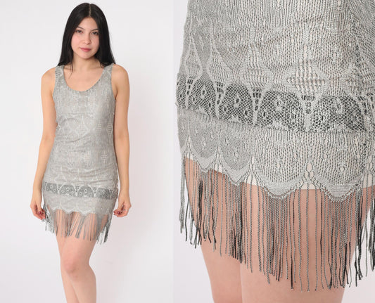 Y2K Grey Lace Floral Mini Dress Fringe Trim Bodycon Sleeveless Extra Small