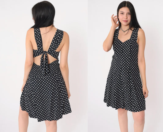 90s Black White Polka Dot Mini Dress Keyhole Back Smocked Sundress Small