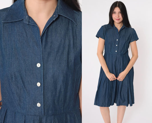 90s Talbots Petite Denim Shirtdress Knee-Length Pleated Dark Blue Cotton Size 2