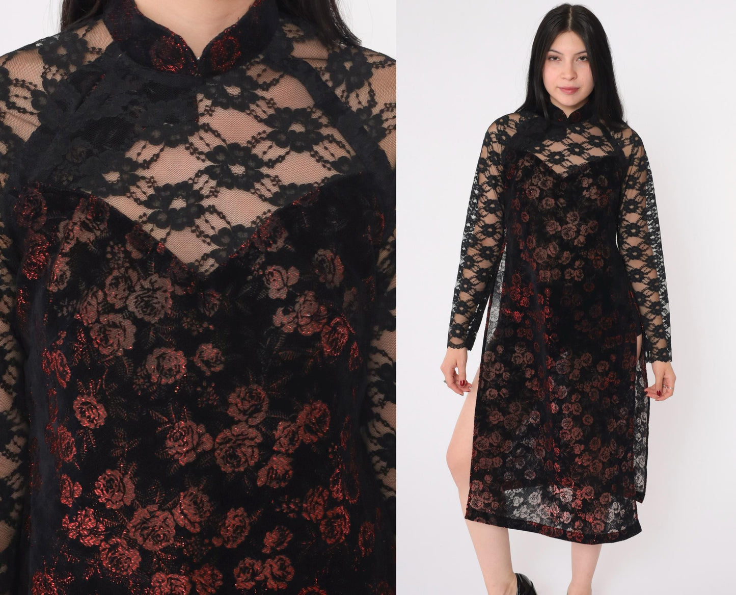 00s Ao Dai Dress Burnout Velvet Floral Mandarin Collar Black Lace Extra Small
