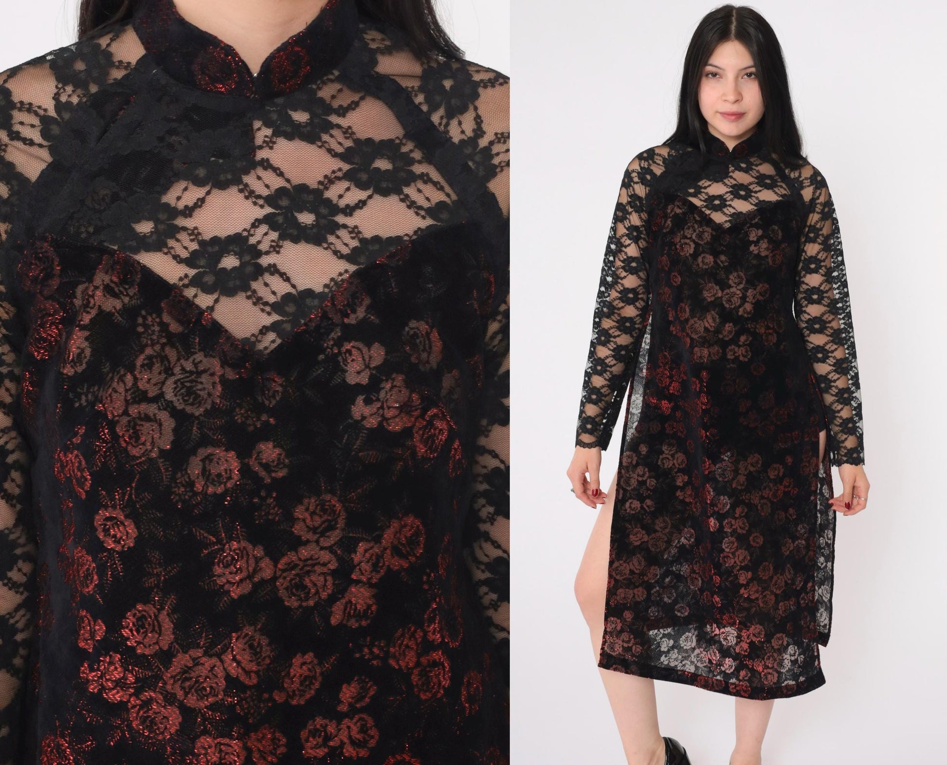 00s Ao Dai Dress Burnout Velvet Floral Mandarin Collar Black Lace Extra Small