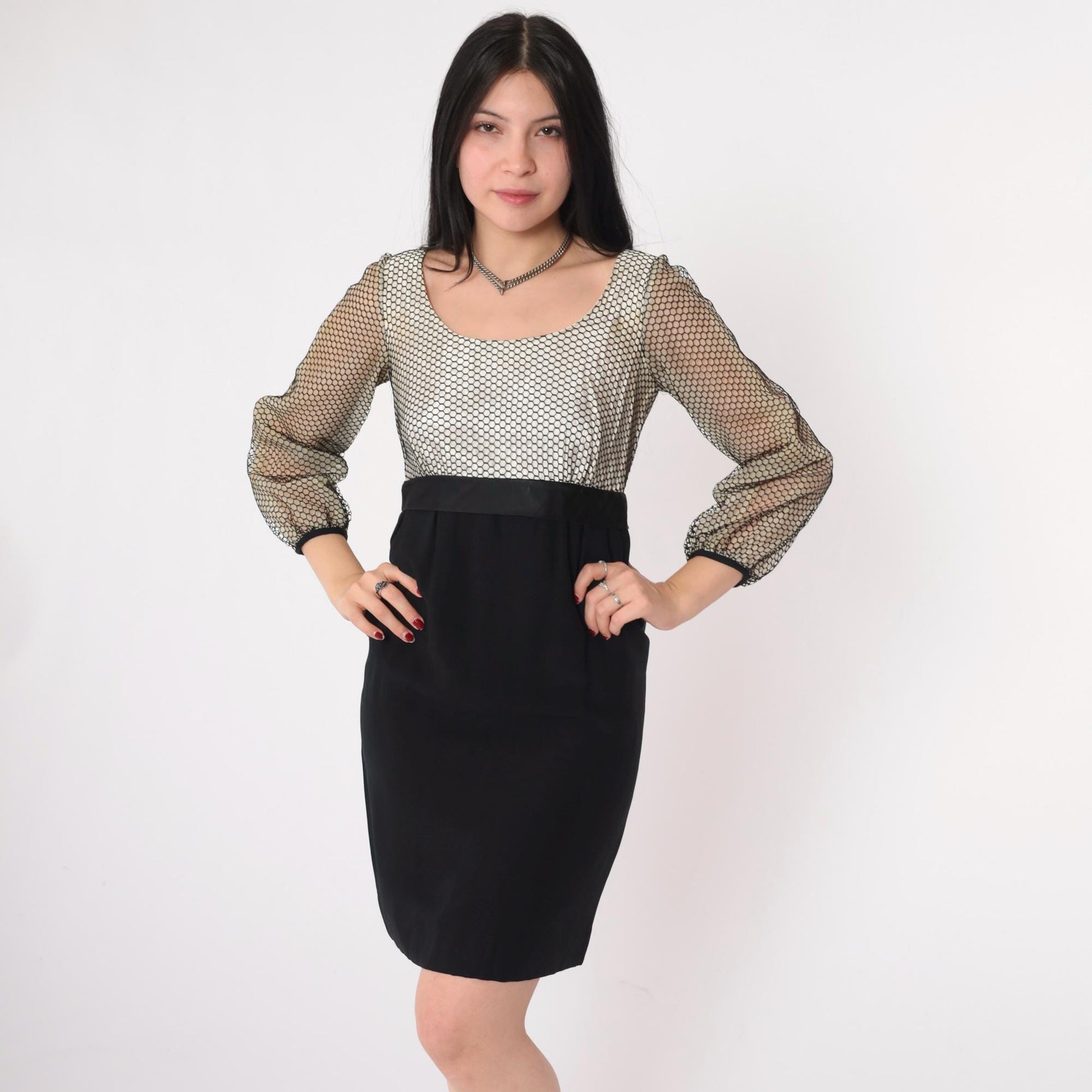 60s Black White Honeycomb Mesh Party Dress High Waist Bow Mini Small