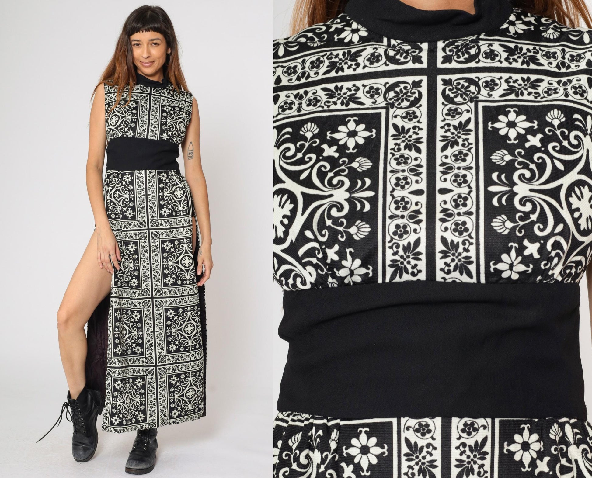 70s Black White Damask Floral Maxi Dress Mock Neck High Slit Small