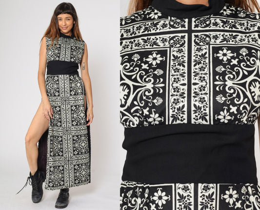 70s Black White Damask Floral Maxi Dress Mock Neck High Slit Small