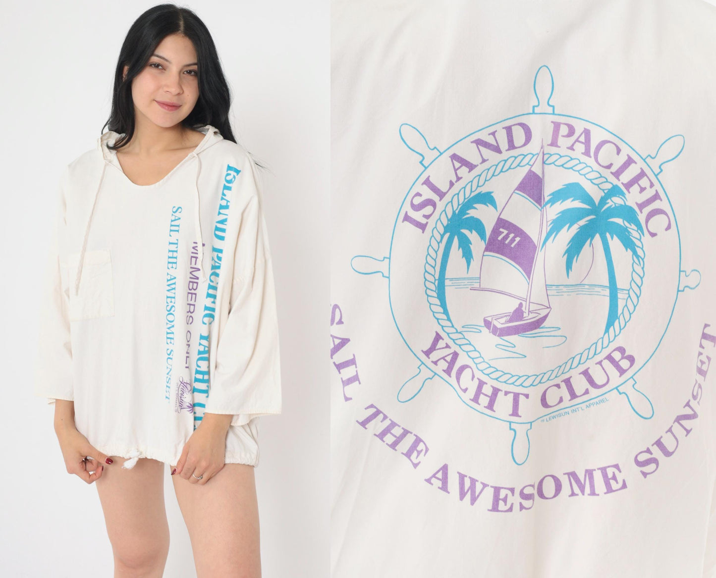 90s Island Pacific Yacht Club Sailboat Hoodie Off-White Double-Sided Graphic Cotton