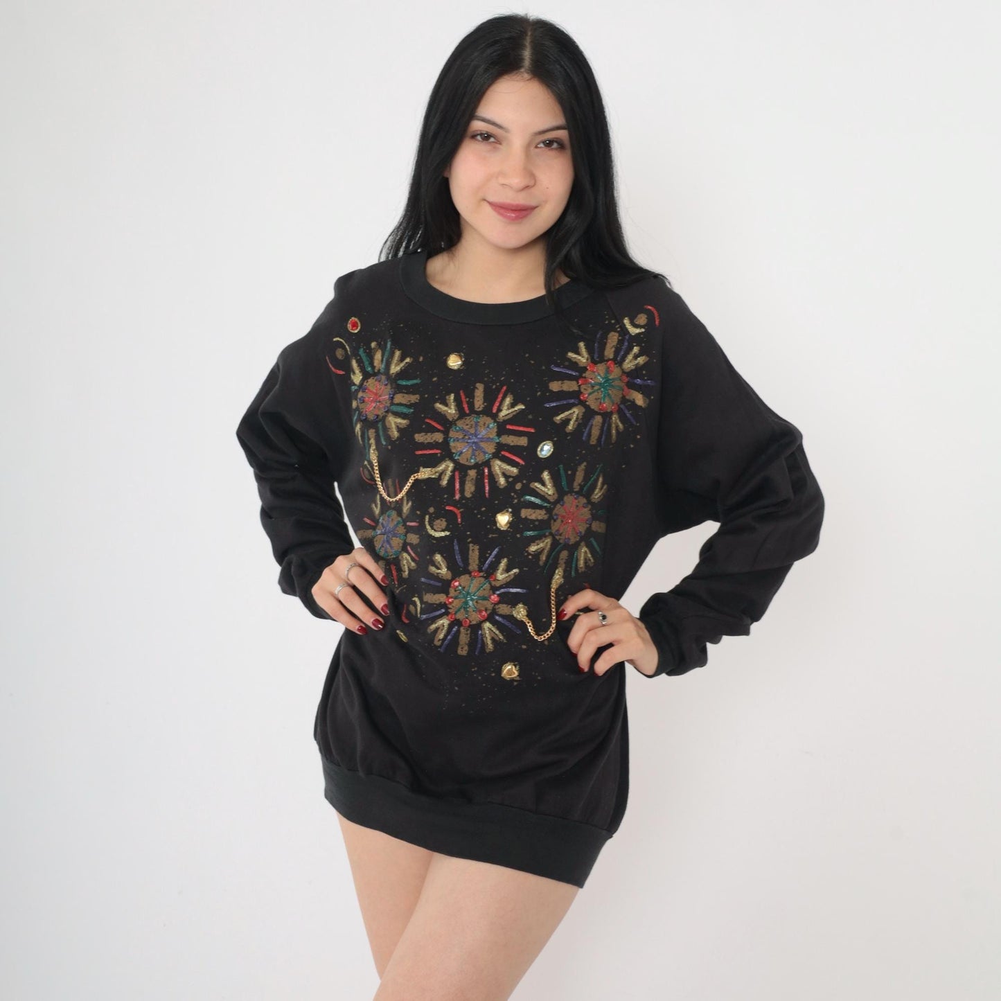 90s Hand Painted Beaded Geometric Sweatshirt Black Raglan Crewneck Medium M