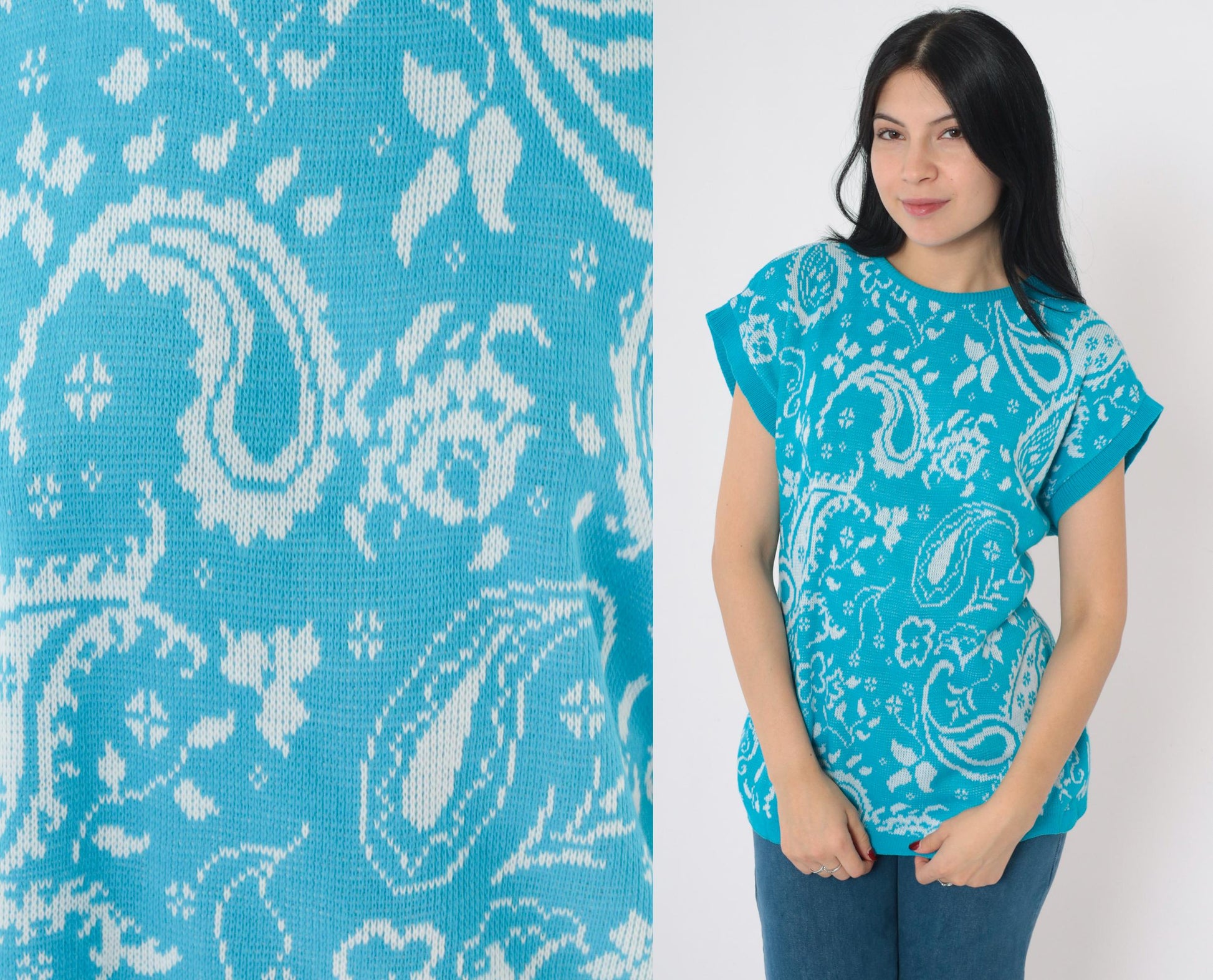 80s Blue Paisley Floral Knit Sweater Top Short Sleeve Medium M