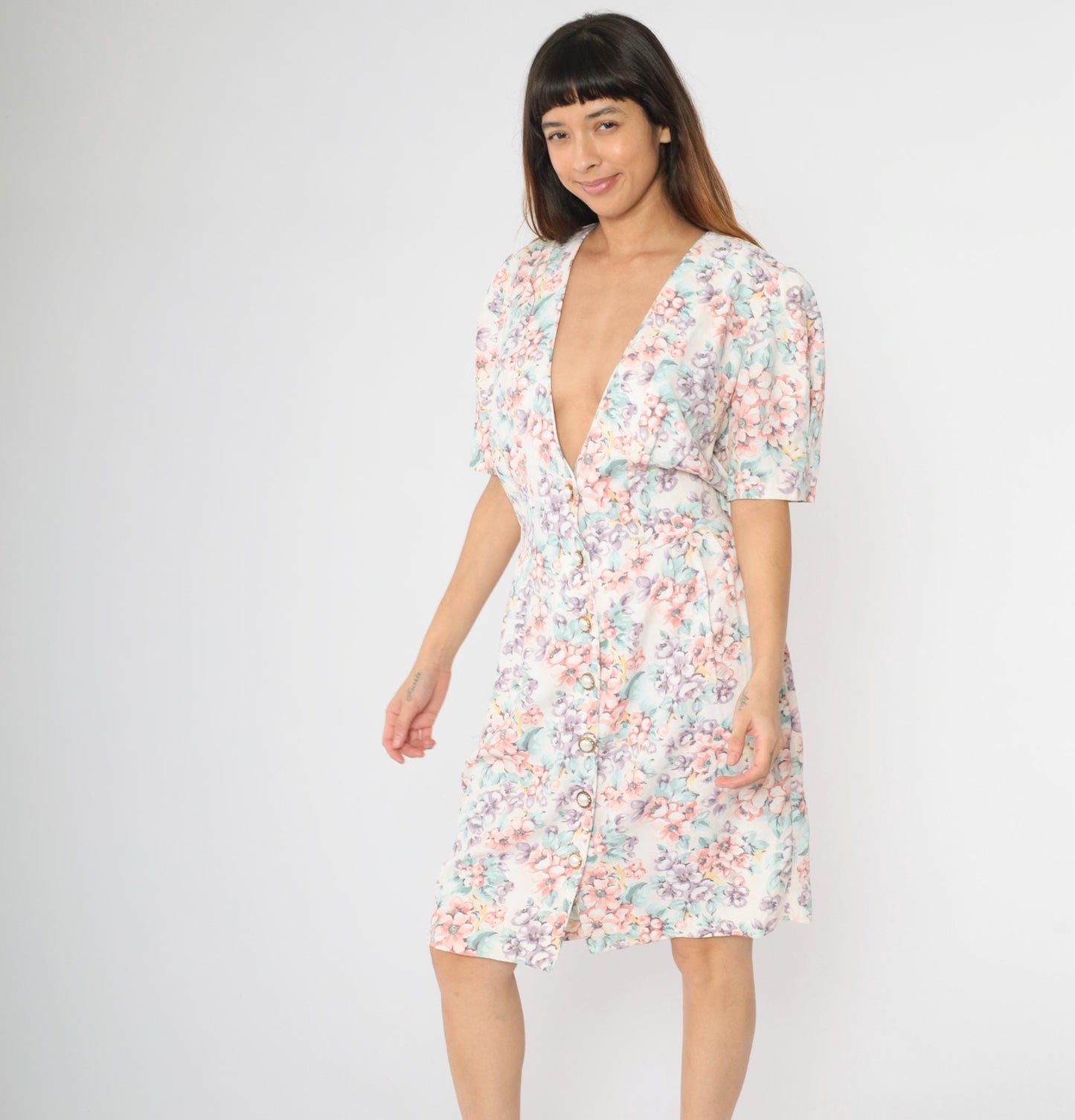 80s Caroline Wells Floral Midi Dress White Puff Sleeve Pearl Button Medium