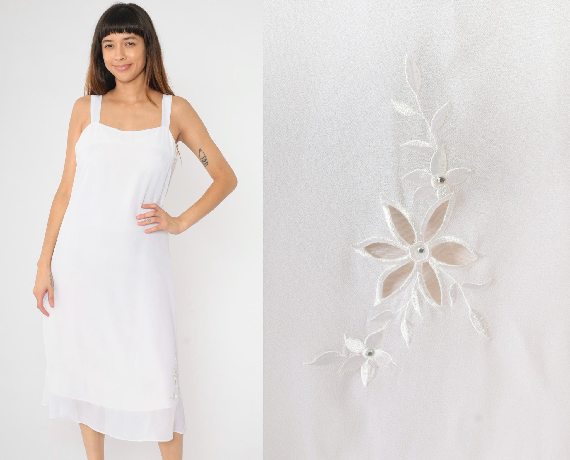 90s White Chiffon Midi Dress Floral Embroidered Cutwork Rhinestone Medium