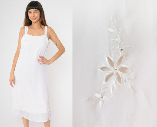 90s White Chiffon Midi Dress Floral Embroidered Cutwork Rhinestone Medium