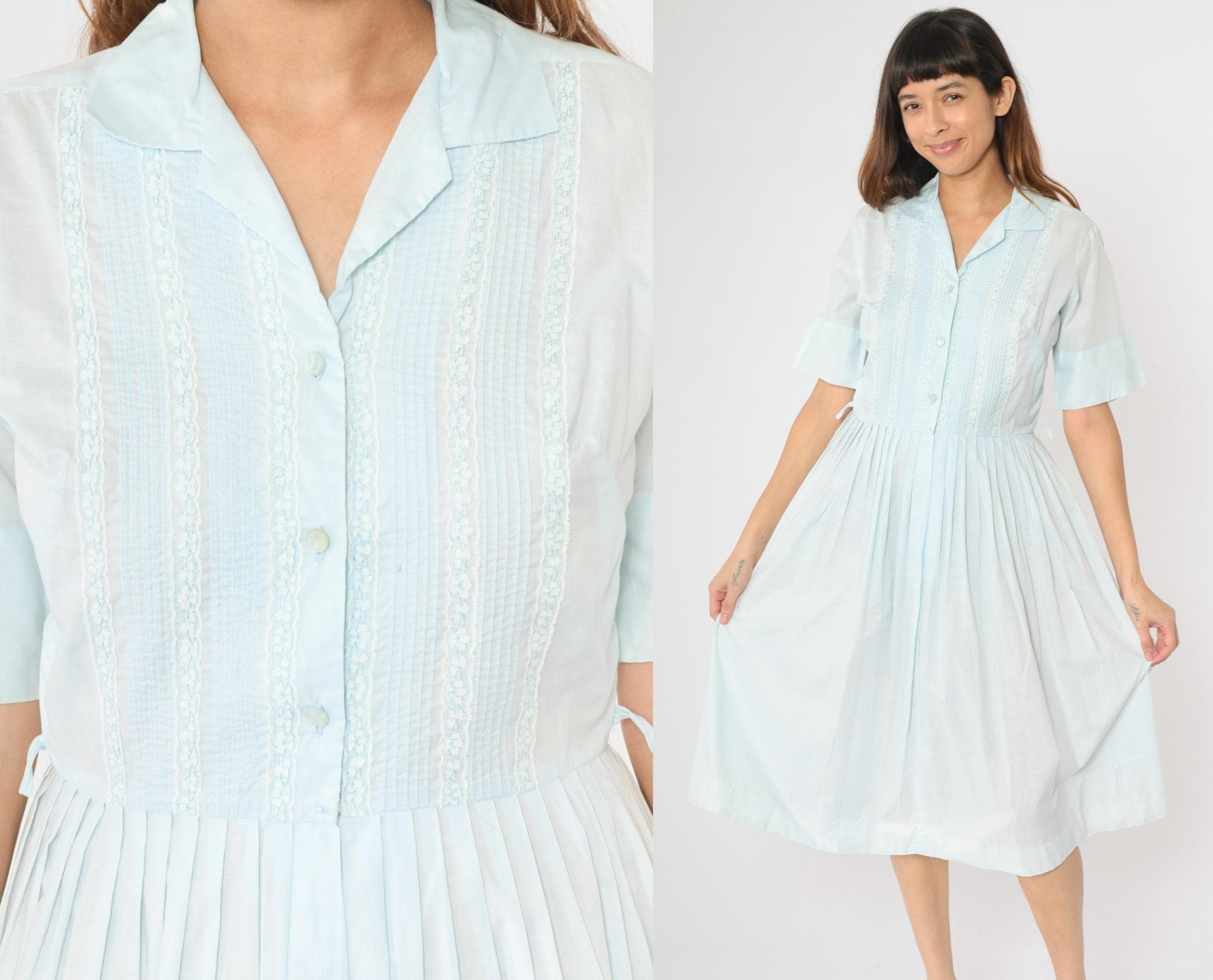 60s Light Blue Pintuck Day Dress Lace Trim Button-Up Shirtwaist Medium
