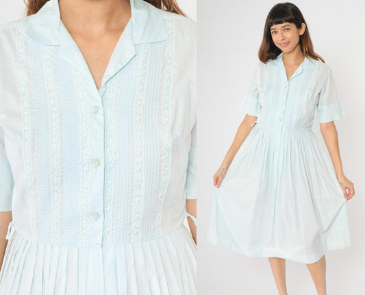 60s Light Blue Pintuck Day Dress Lace Trim Button-Up Shirtwaist Medium