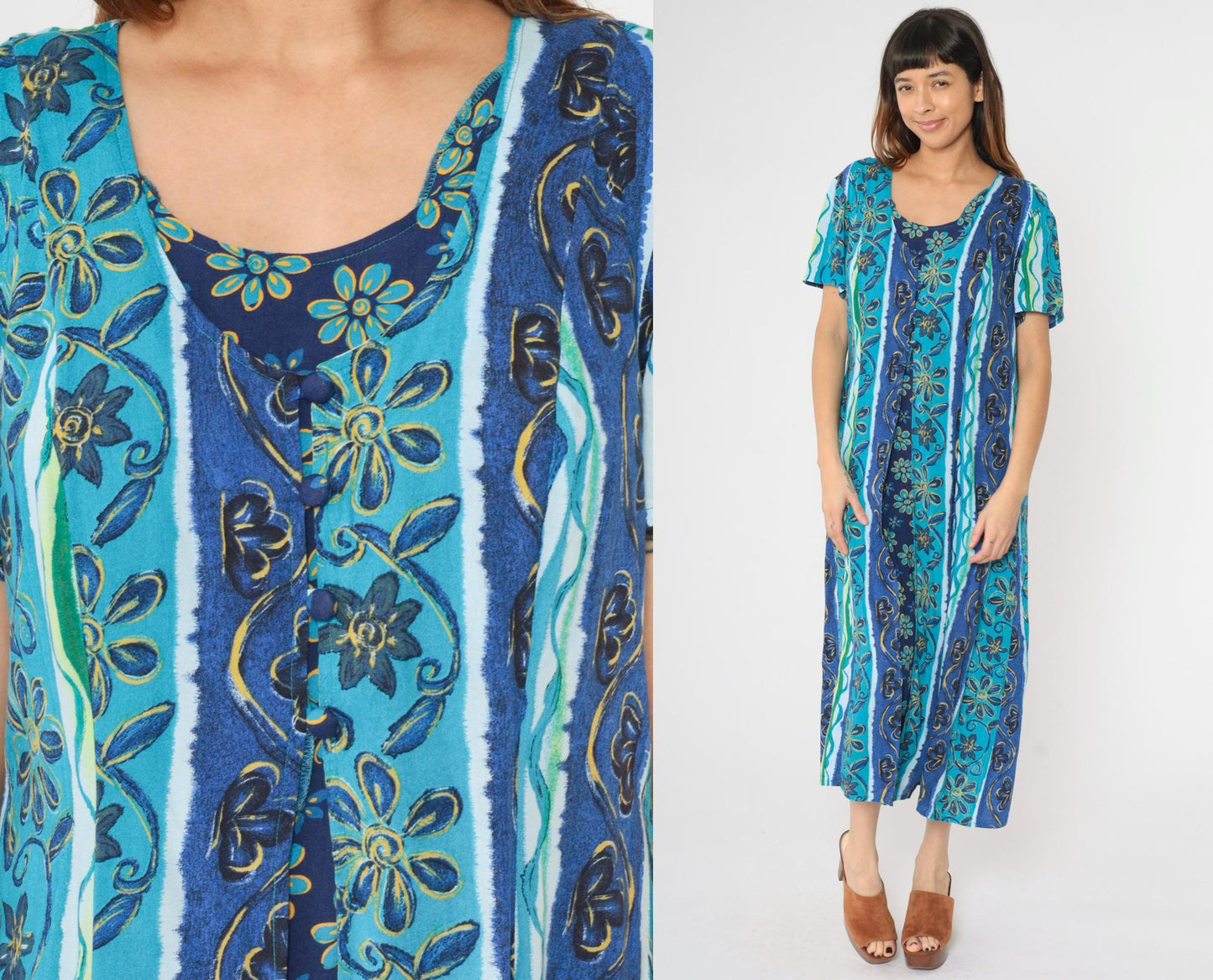 Y2K Blue Striped Floral Button-Up Midi Dress Short Sleeve Ankle Length Size 16