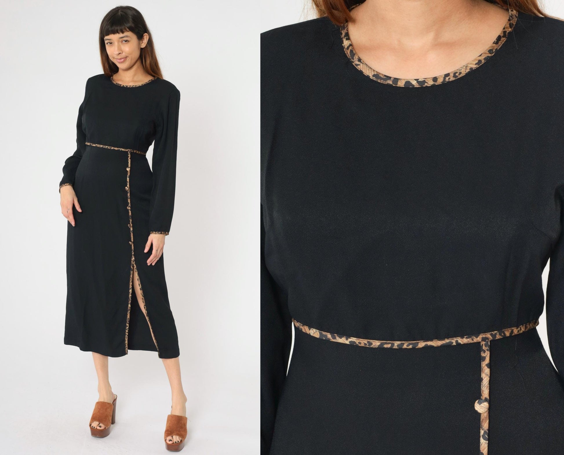 90s David Benjamin Black Midi Dress Leopard Trim High Waist Front Slit Medium