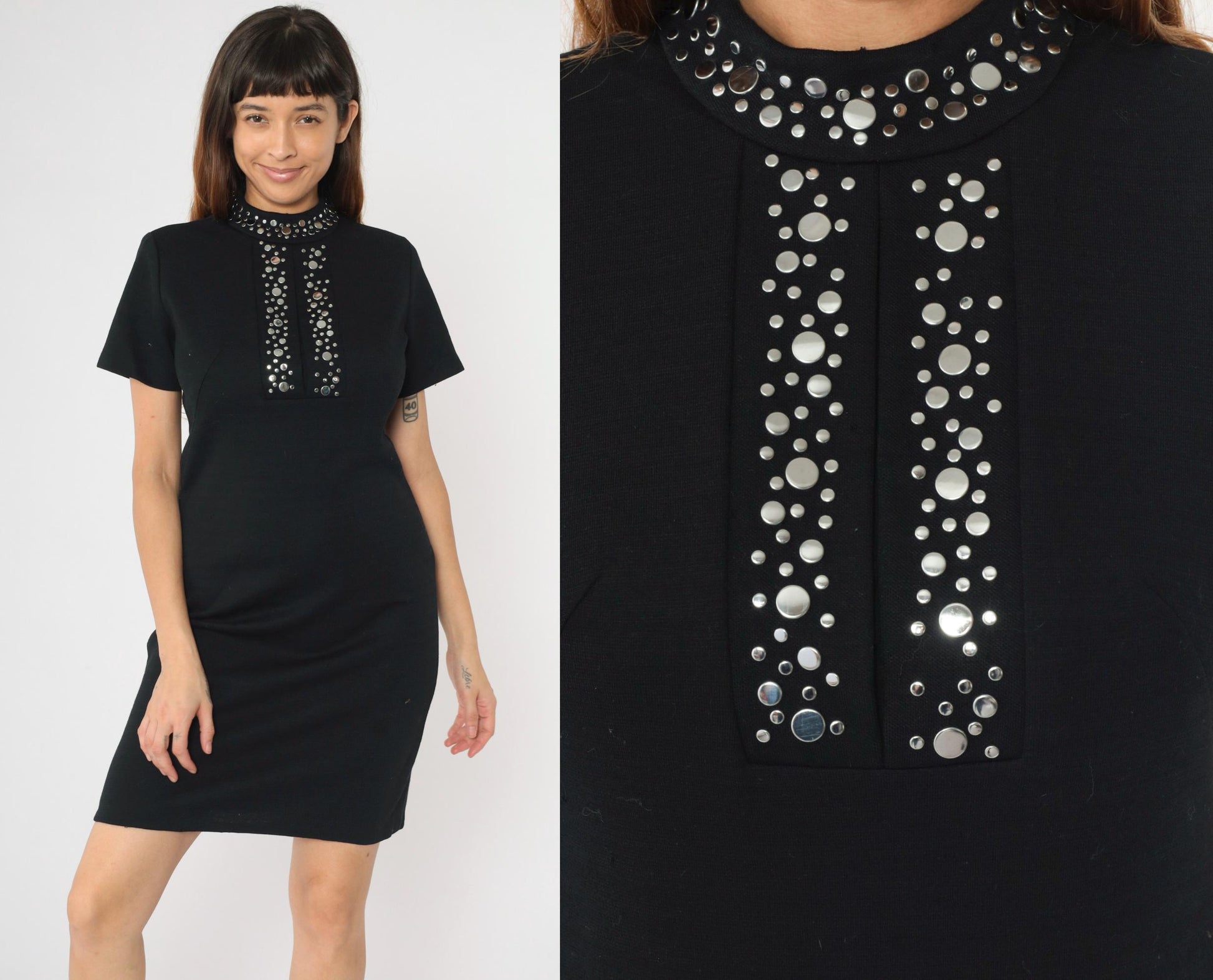 60s Black Wool Mini Shift Dress Studded Neckline Small S