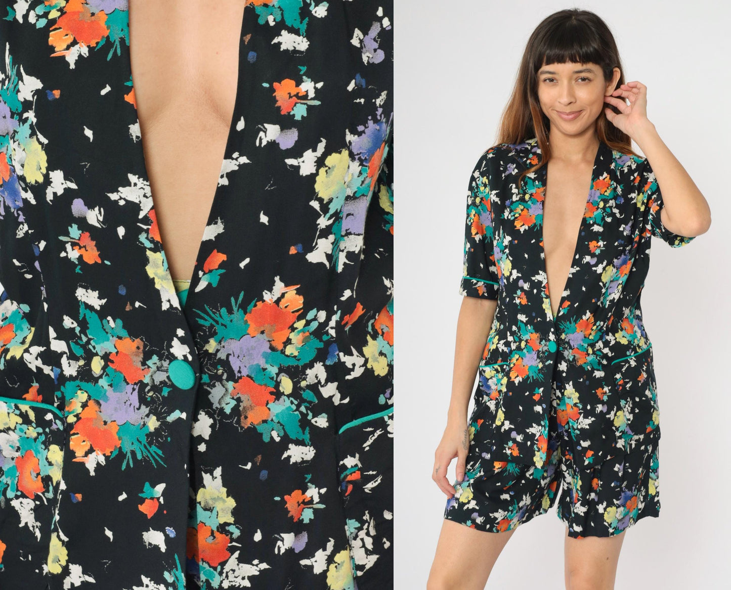 80s Synari Petites Floral Two-Piece Set Jacket Shorts Pleated Small