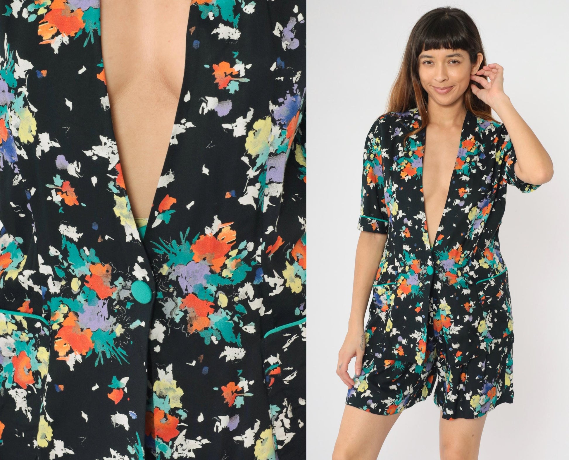 80s Synari Petites Floral Two-Piece Set Jacket Shorts Pleated Small
