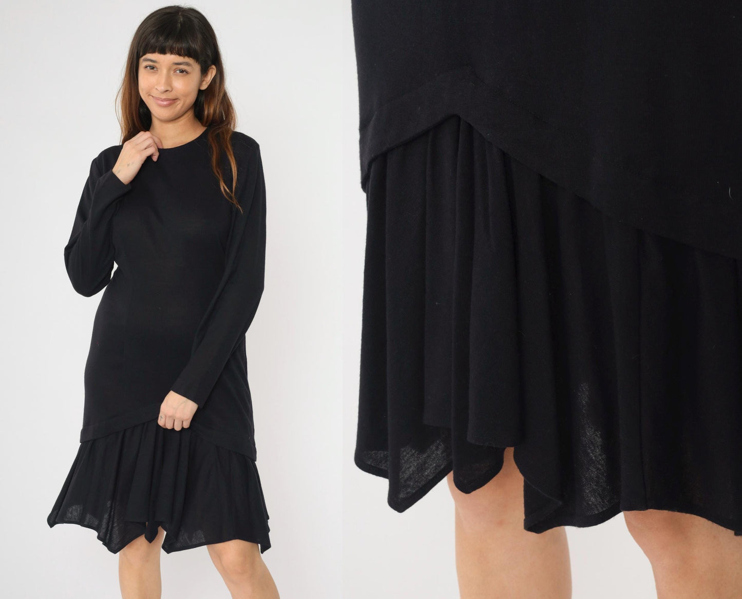 90s Black Knit Dress Asymmetric Layered Hem Long Sleeve Midi Medium
