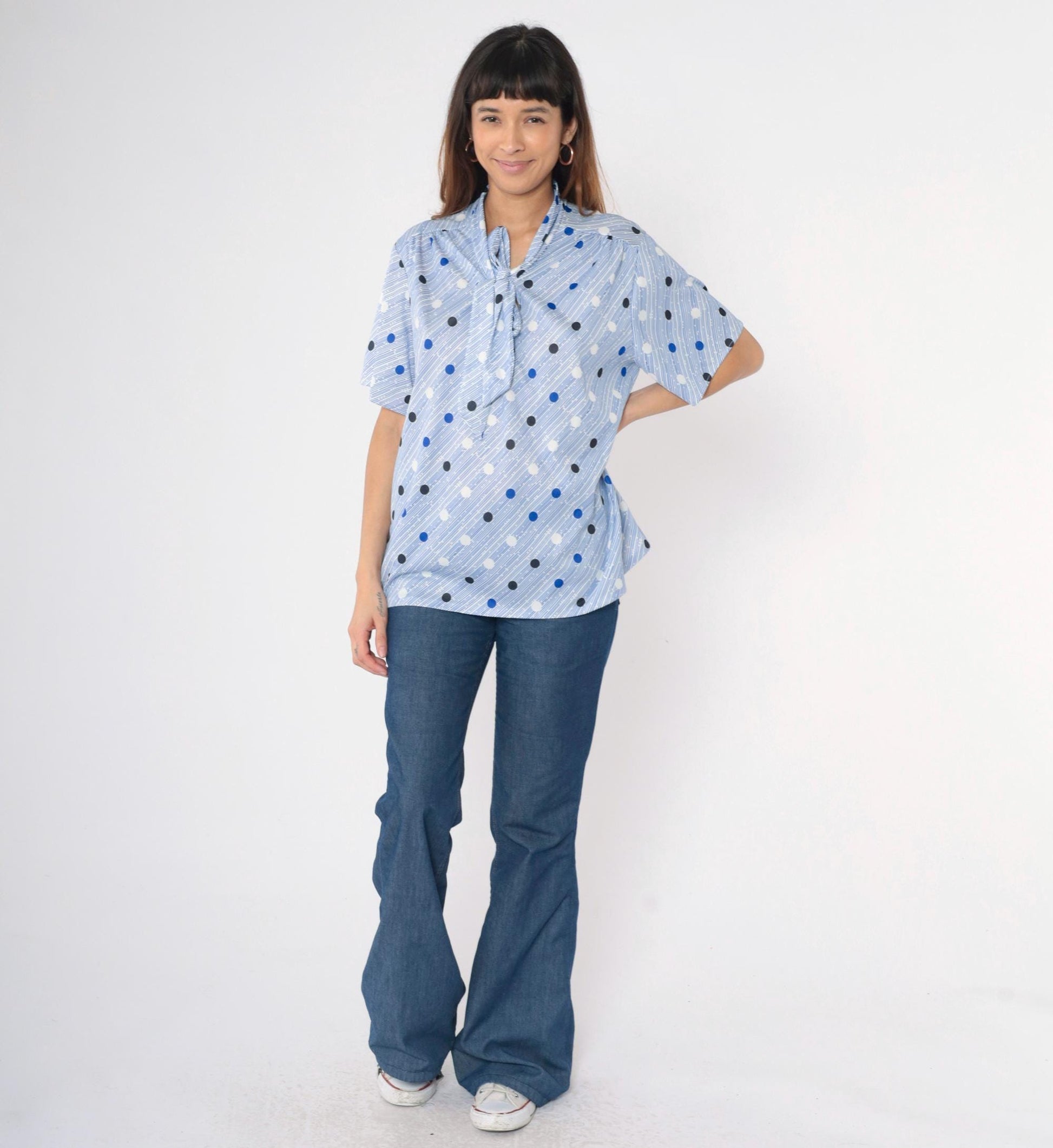 80s Tiger Lily Polka Dot Ascot Blouse Blue White Striped Short Sleeve Extra Large