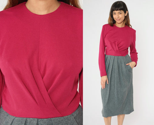 80s Leslie Fay Two-Tone Midi Dress Fuchsia Grey Pleated Small