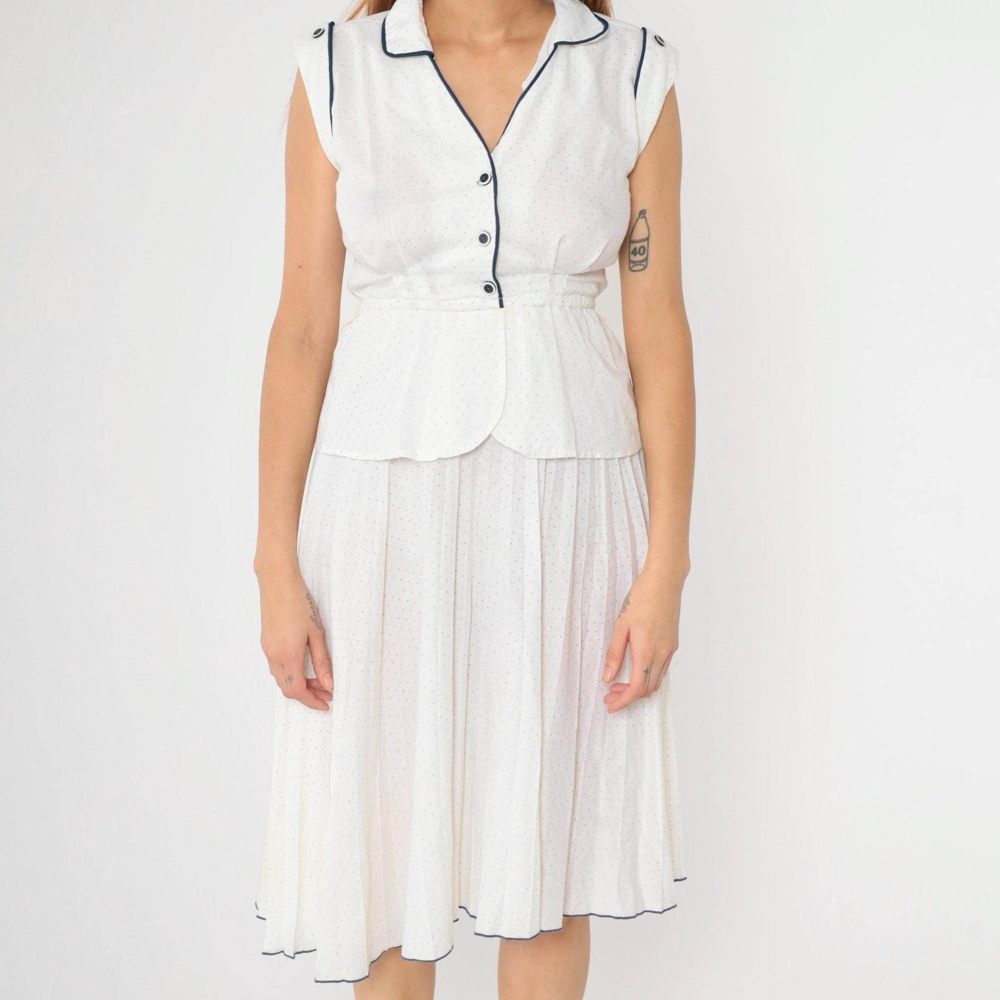 70s White Polka Dot Midi Dress Navy Piping Cap Sleeve Peplum Extra Small XS