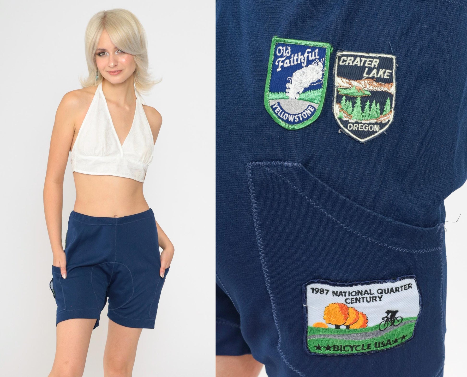 80s Navy Cycling Shorts National Park Patches High Waist Leather Chamois Medium