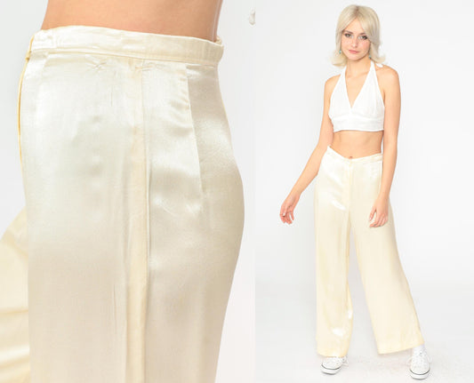80s Cream Satin High-Rise Wide-Leg Trousers Small S