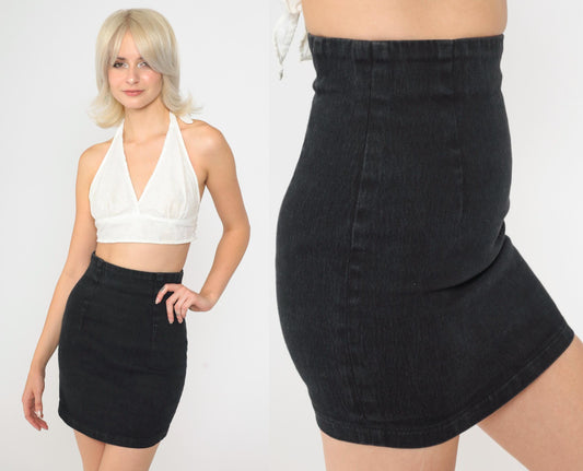 90s Black Denim Mini Skirt High Waist Bodycon Jean Skirt Extra Small