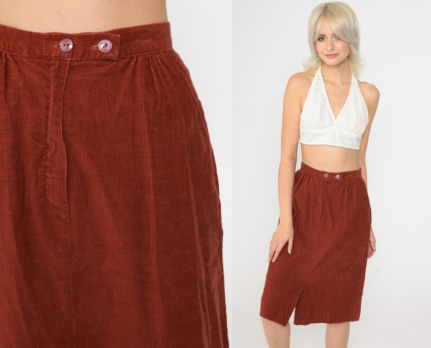 80s Rust Corduroy Midi Skirt High Waist Front Slit Pockets Small