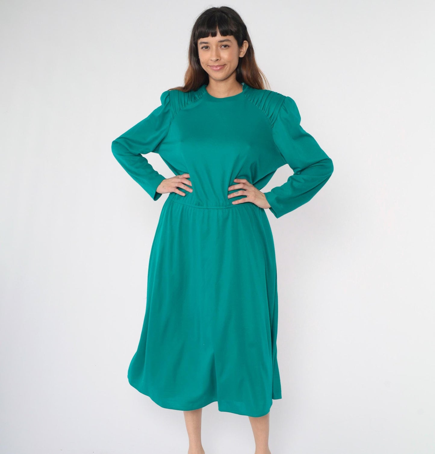 80s Teal Midi Dress Puff Sleeve High Waist Ruched Shoulders Large L
