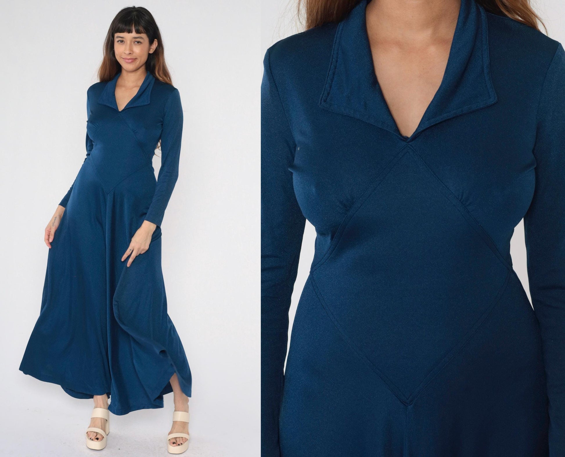 70s Navy Maxi Dress Long Sleeve Wide Collar Diamond Waist Small Medium