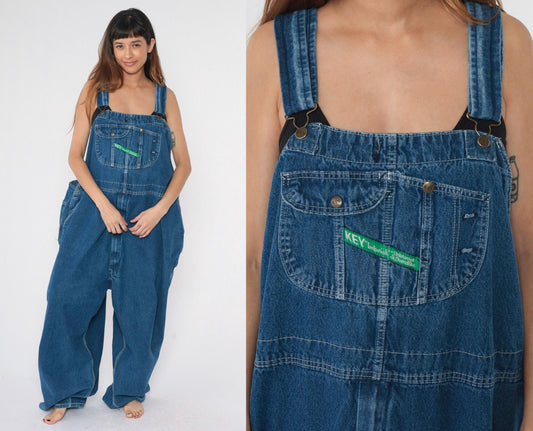 80s Key Imperial Blue Denim Overalls Baggy Carpenter Dungarees Men's 3XL