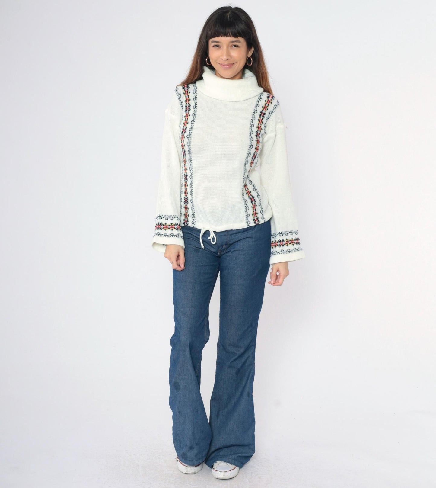 70s White Turtleneck Sweater Metallic Floral Stripe Knit Wide Sleeve Small