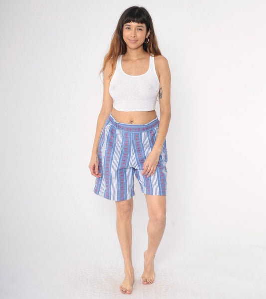 90s Chez T Striped Cotton Shorts Sailboat Nautical Blue White Red Medium