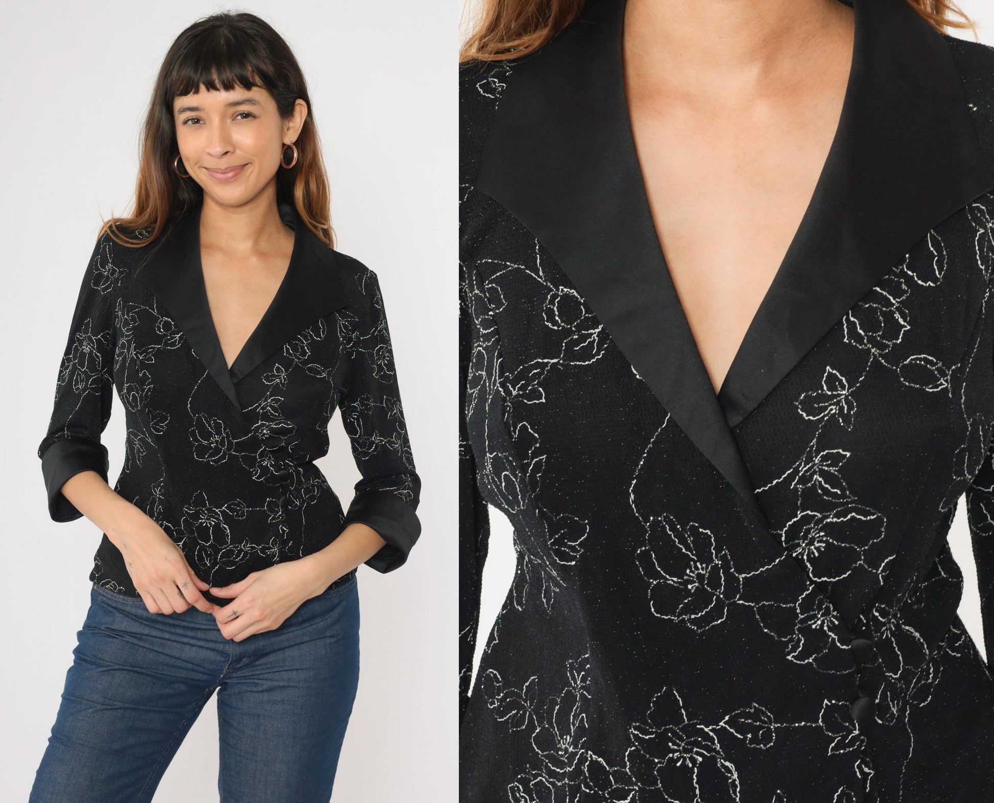 90s Alex Evenings Metallic Floral Wrap Blouse Black Silver Satin Collar Small