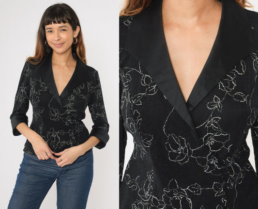 90s Alex Evenings Metallic Floral Wrap Blouse Black Silver Satin Collar Small