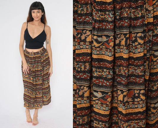 90s Michele Leslie Broomstick Midi Skirt Fall Leaf Print Mustard Orange Medium