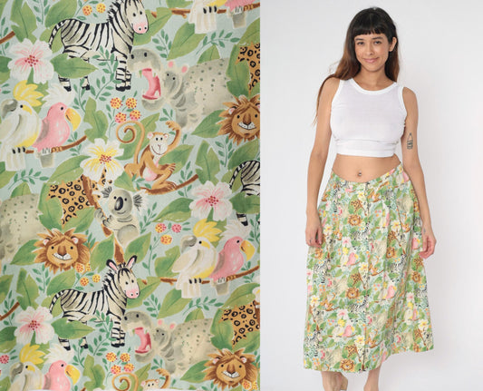 90s Safari Animal Print Midi Skirt Button Front Green Floral Medium