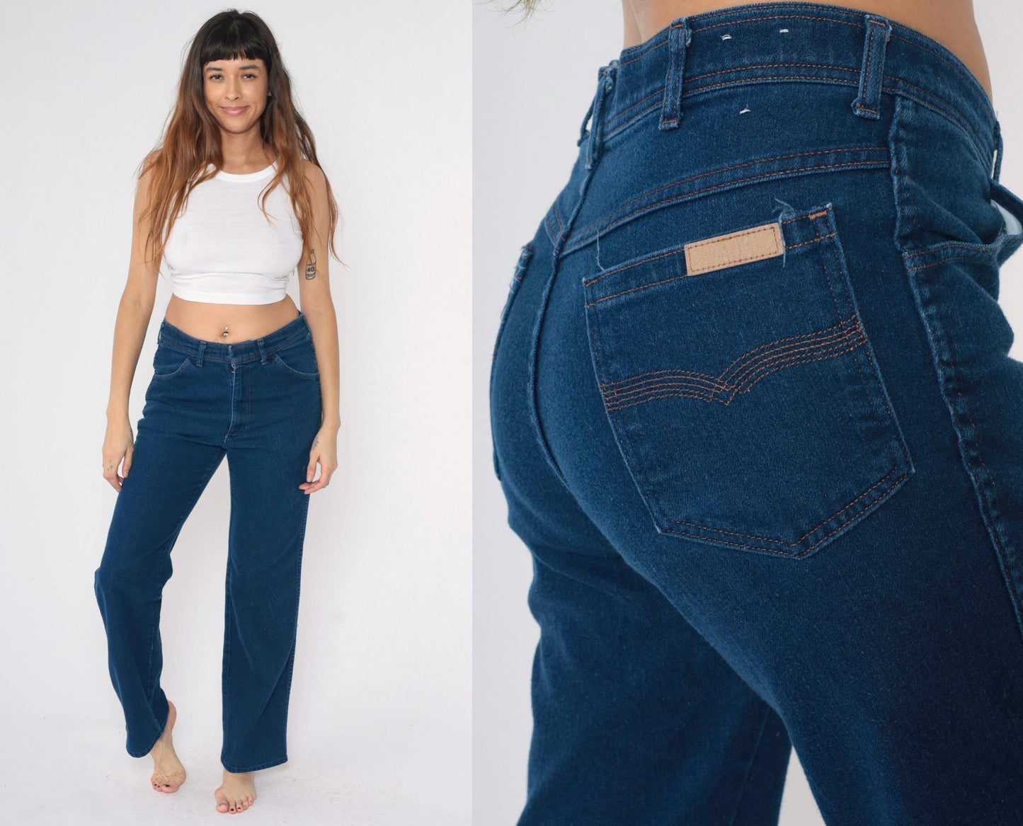 80s Dark Wash Straight Leg Jeans High Rise Western Stitching Medium M
