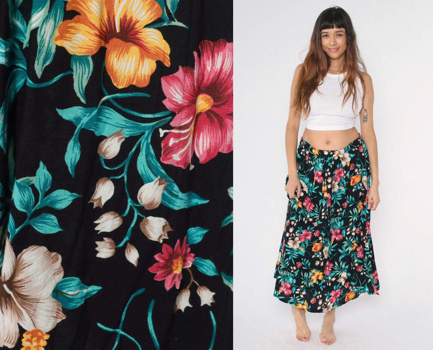 90s Tropical Floral Midi Skirt Black Rayon High Waist Large L