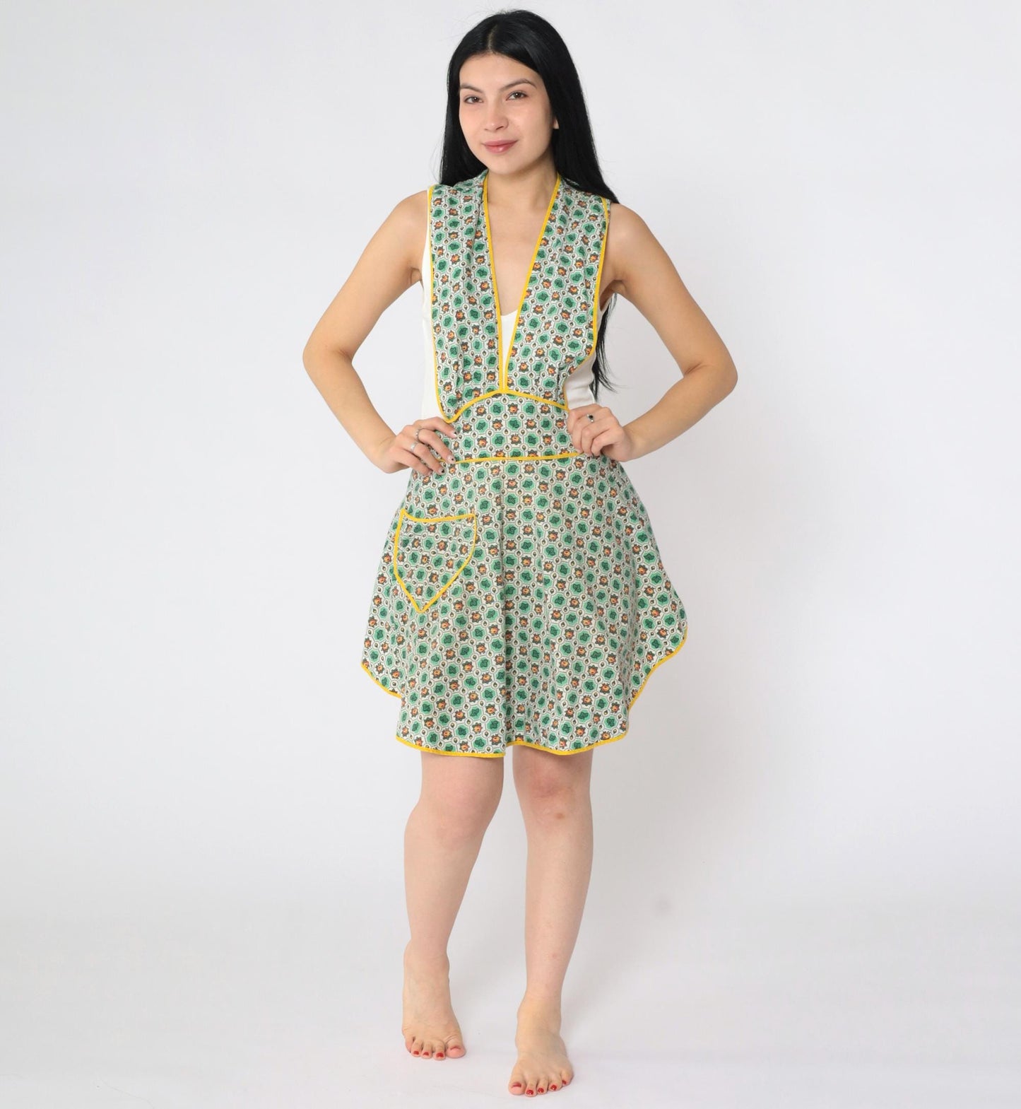 1970s Floral Leaf Print Apron Dress Mini Deep V Neck Open Back Small Medium