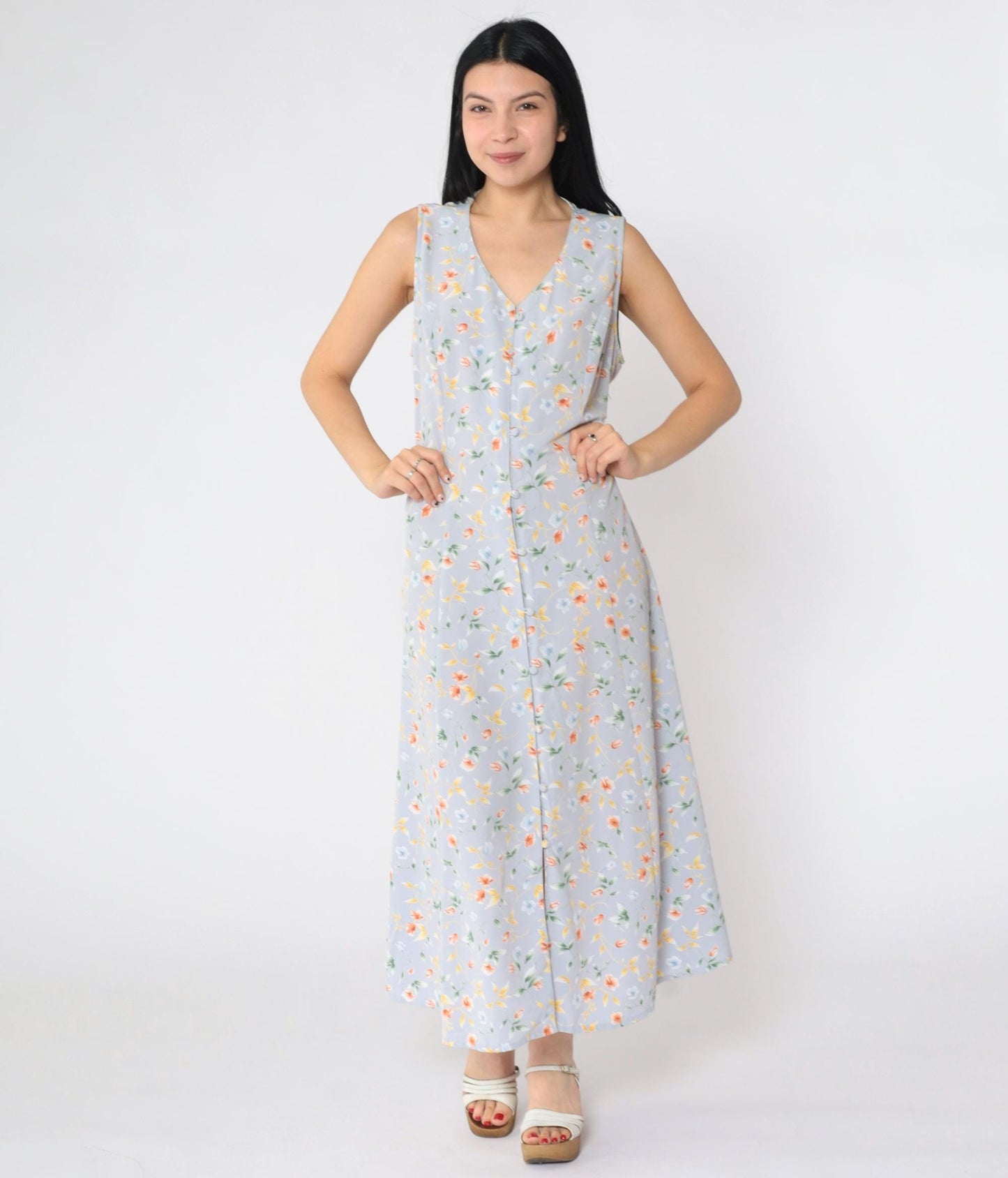 90s Grey-Blue Floral Maxi Dress Button-Up V-Neck Ankle Length Medium