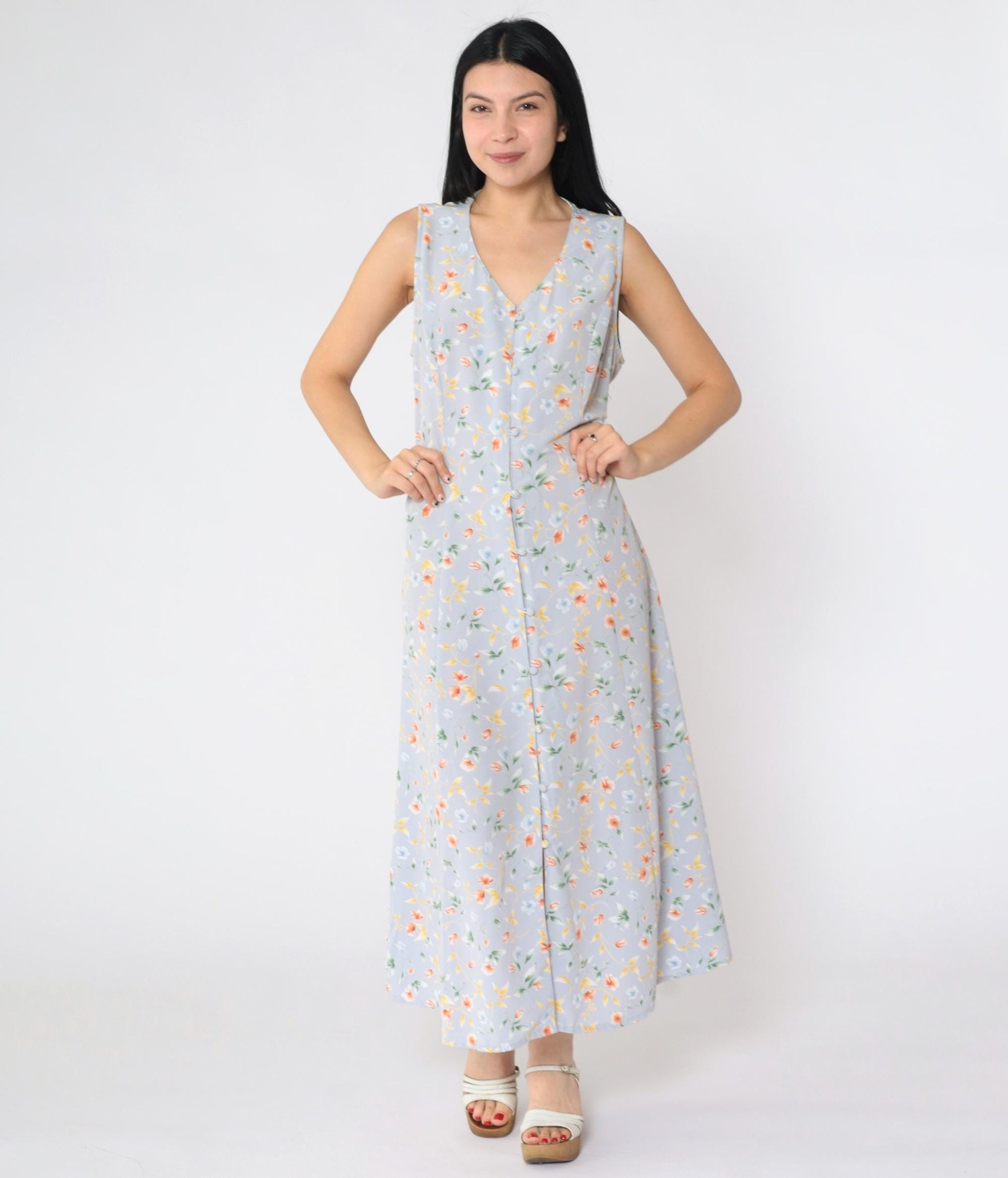 90s Grey-Blue Floral Maxi Dress Button-Up V-Neck Ankle Length Medium