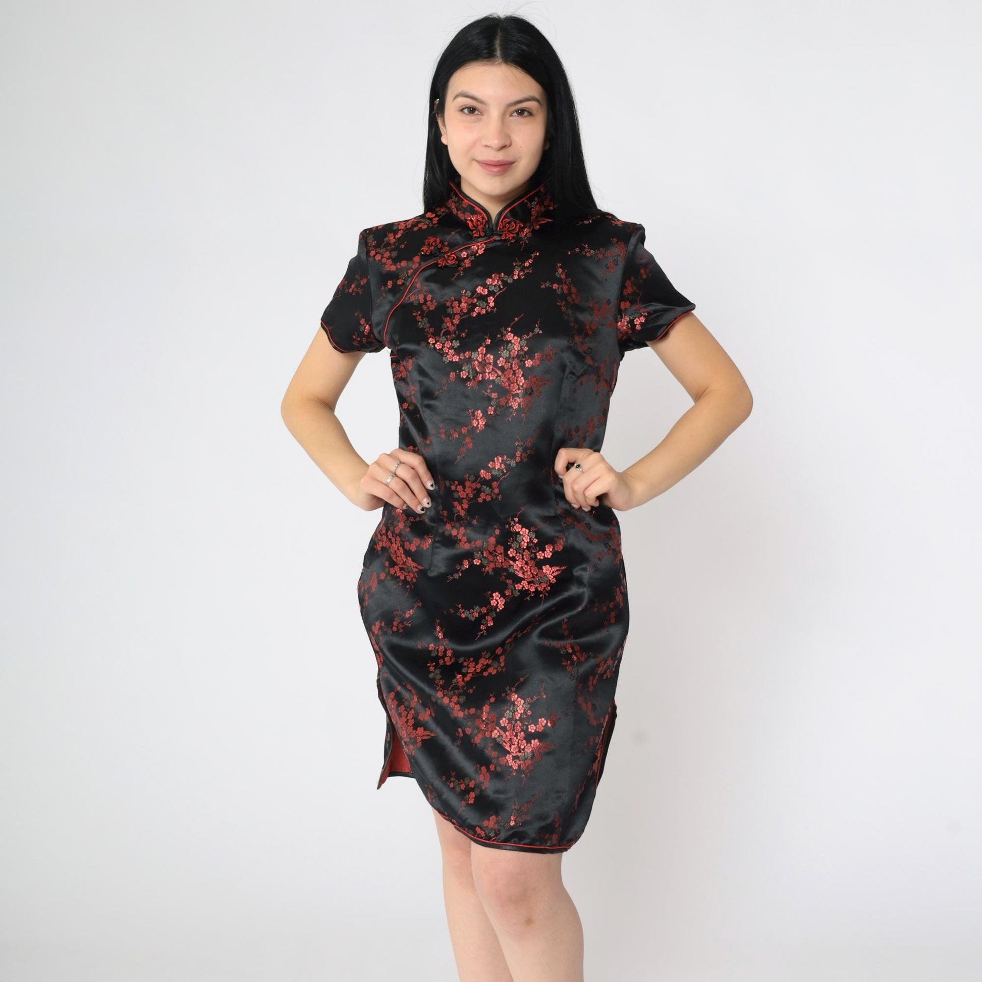 90s Black Satin Cheongsam Red Floral Jacquard Qipao Mini Dress Medium