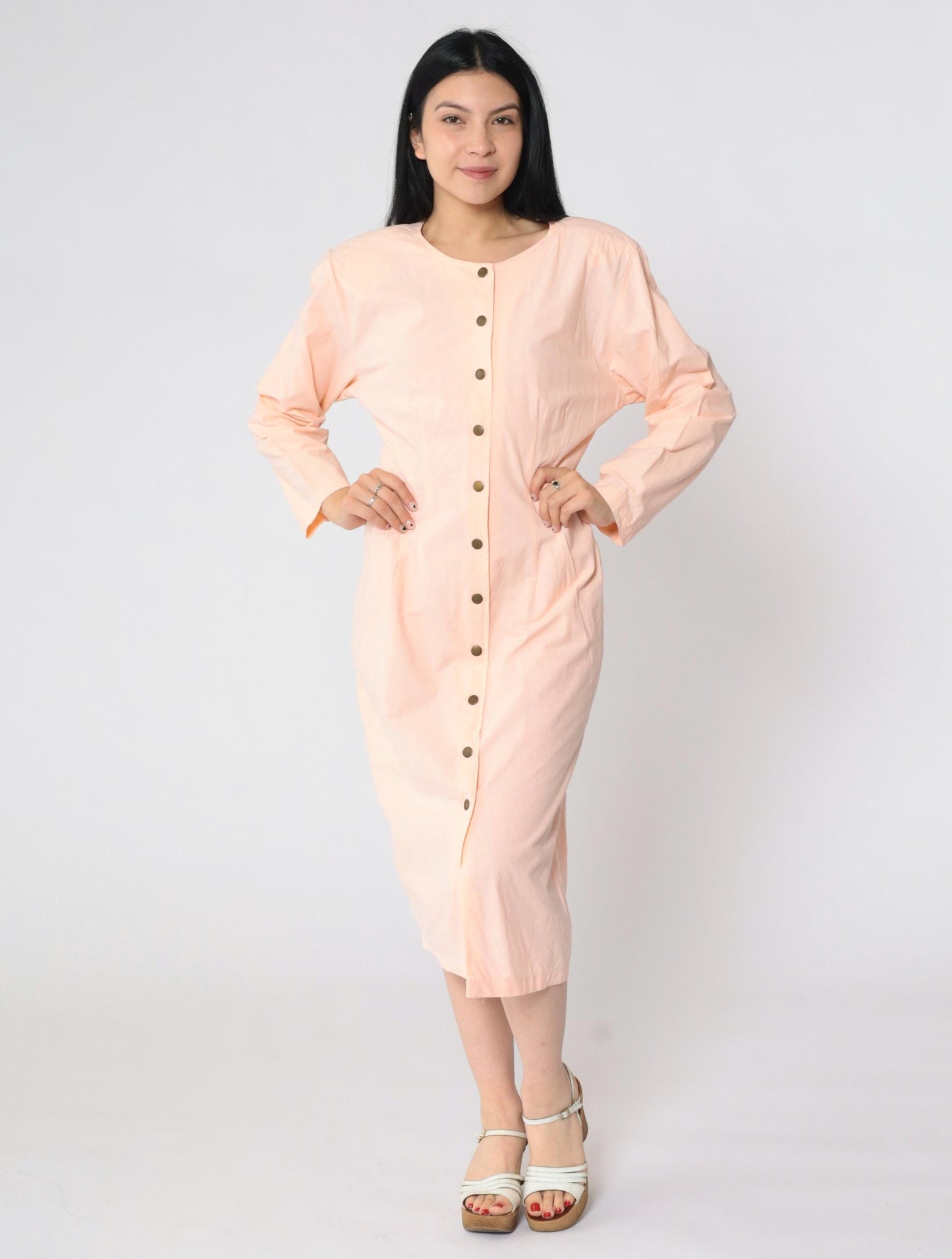 80s Luelle Pink Snap-Front Sheath Midi Dress Long Sleeve Small