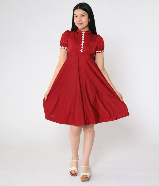 70s Red Babydoll Mini Dress Peter Pan Collar Puff Sleeve Lace Trim XXS