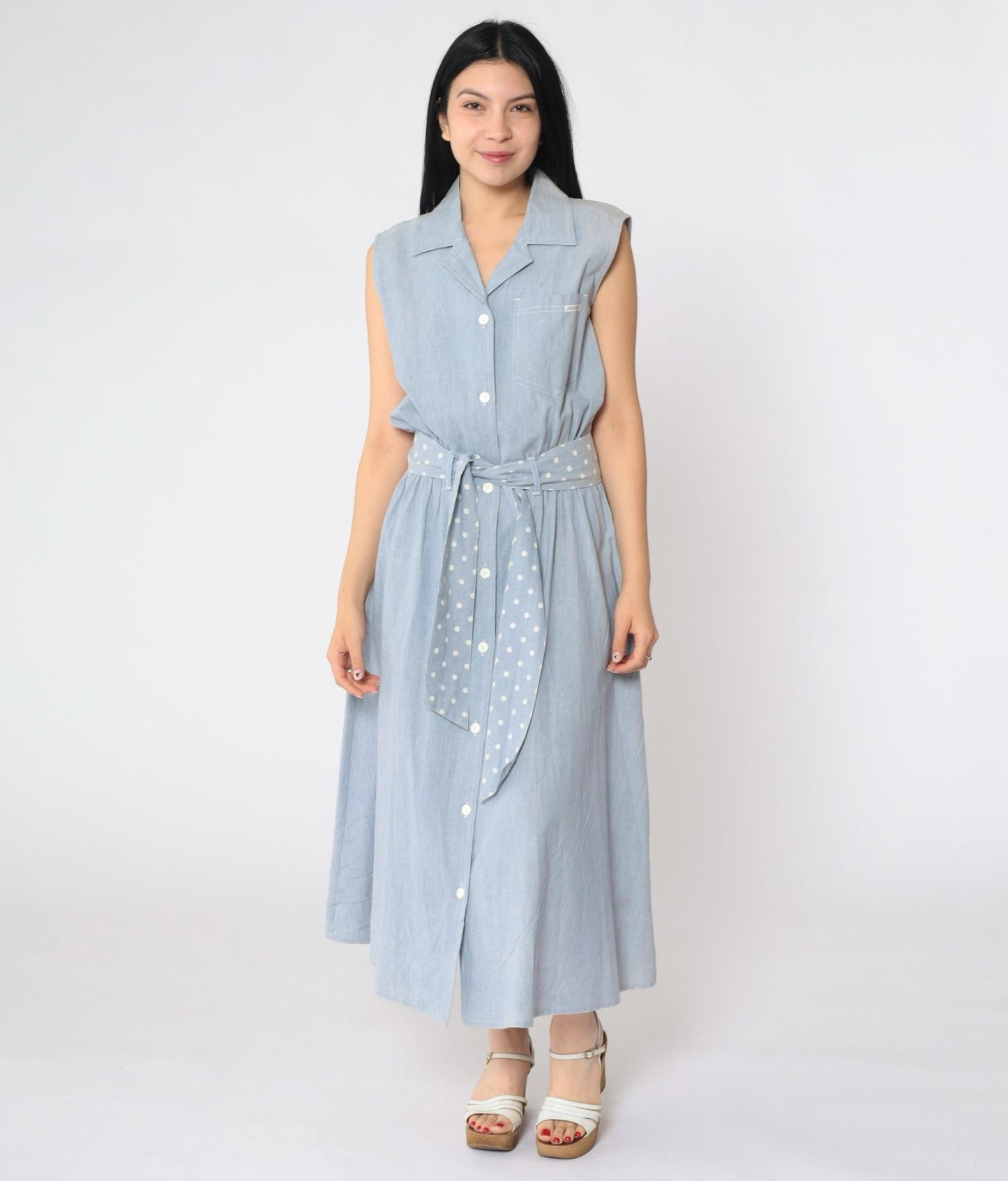 80s Blue Chambray Sleeveless Shirt Dress Polka Dot Sash Pockets Medium