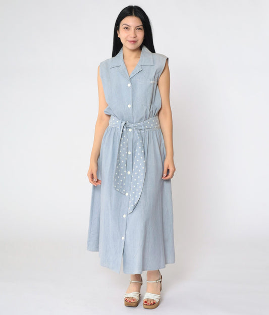 80s Blue Chambray Sleeveless Shirt Dress Polka Dot Sash Pockets Medium