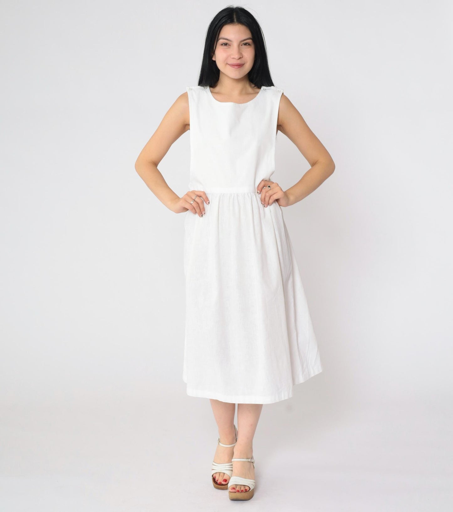 80s White Pinafore Midi Dress High Waist Low Armhole Sleeveless Medium
