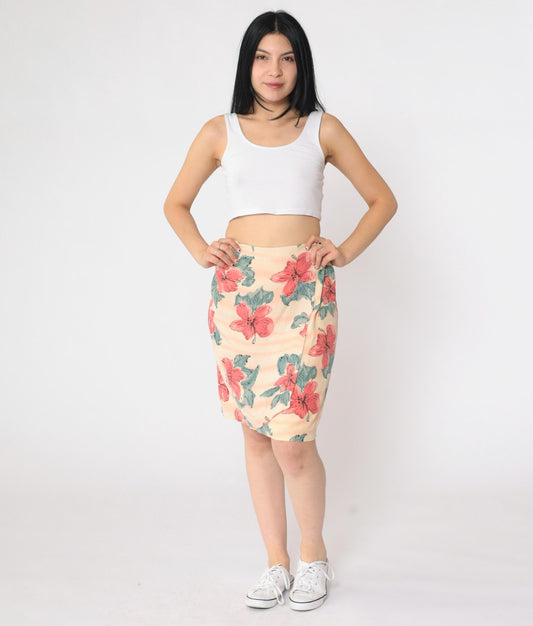 Y2K Silk Floral Mini Skirt Cream Coral Flower Print High Waisted Medium